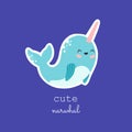 Cute happy narwhal sticker, kawaii laughing baby whale Royalty Free Stock Photo